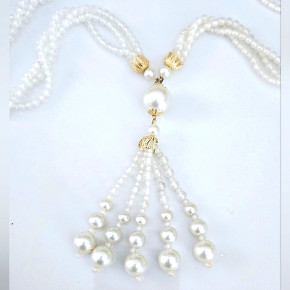 Vintage Faux Pearl Six Strand Goldtone Accents Multi Tassel Necklace - Picture 4 of 9